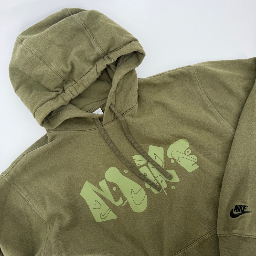 Nike Mens Club Fleece Hoodie Olive Green Graphic Logo Pullover DQ4653-222 Size L